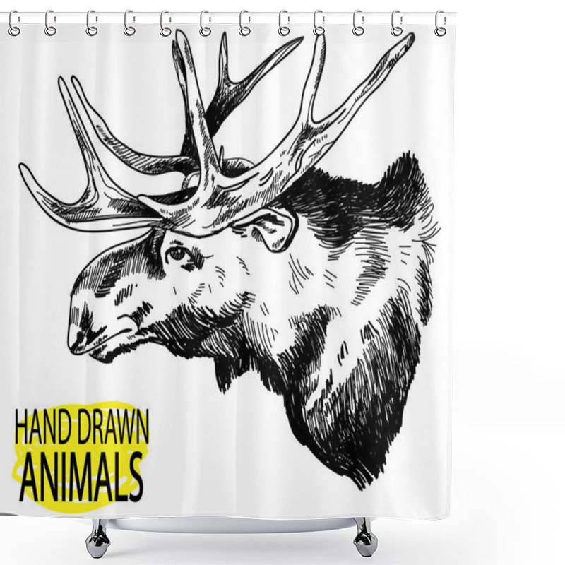 Personality  The Head Of An Adult Moose. Hunting Trophy. Deer Horns. Drawing By Hand In Vintage Style. Shower Curtains