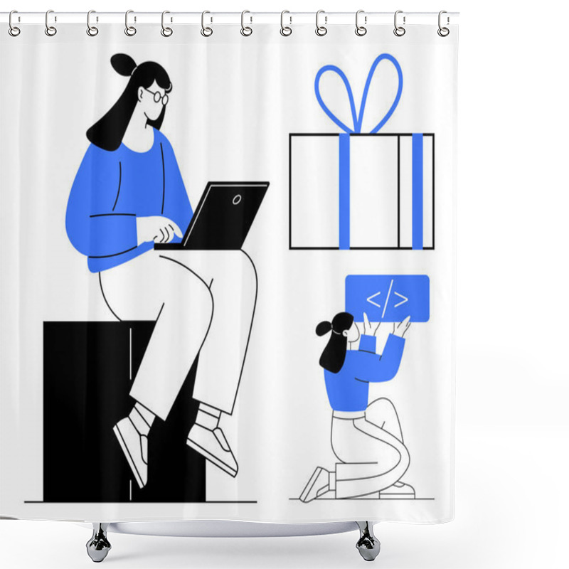 Personality  Two Female Coders Working With Laptops, One Sitting On A Large Block And The Other Kneeling With Code. Gift Box With Bow Highlighting Teamwork And Appreciation. Ideal For Technology, Coding Shower Curtains