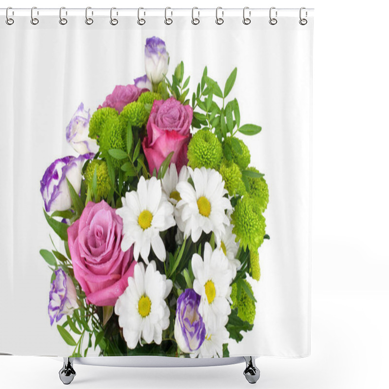 Personality  Bouquet Of Flowers, Red Roses, White Chrysanthemums, Green Foliage, Design For A Greeting Card, Poster, Banner, On White Background, Isolated, Close Up Shower Curtains