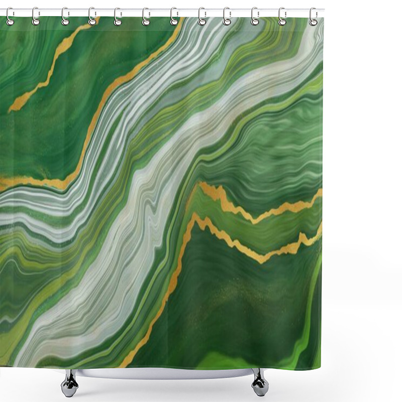 Personality  Green Marbled Texture With Gold Veins. Fake Gemstone Liquid Art With Glitter For Dramatic Abstract Background. Shower Curtains