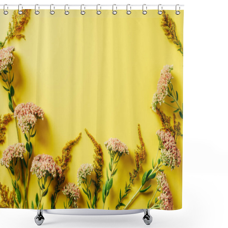 Personality  Flat Lay With Beautiful Wildflowers Arrangement On Yellow Background Shower Curtains