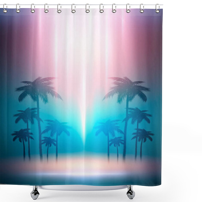 Personality  Empty Dark Tropical Background Of Night Sea Beach, Neon Light, City Lights. Silhouettes Of Tropical Palm Trees On A Background Of Bright Abstract Sunset. Modern Futuristic Landscape. 3d Illustration Shower Curtains