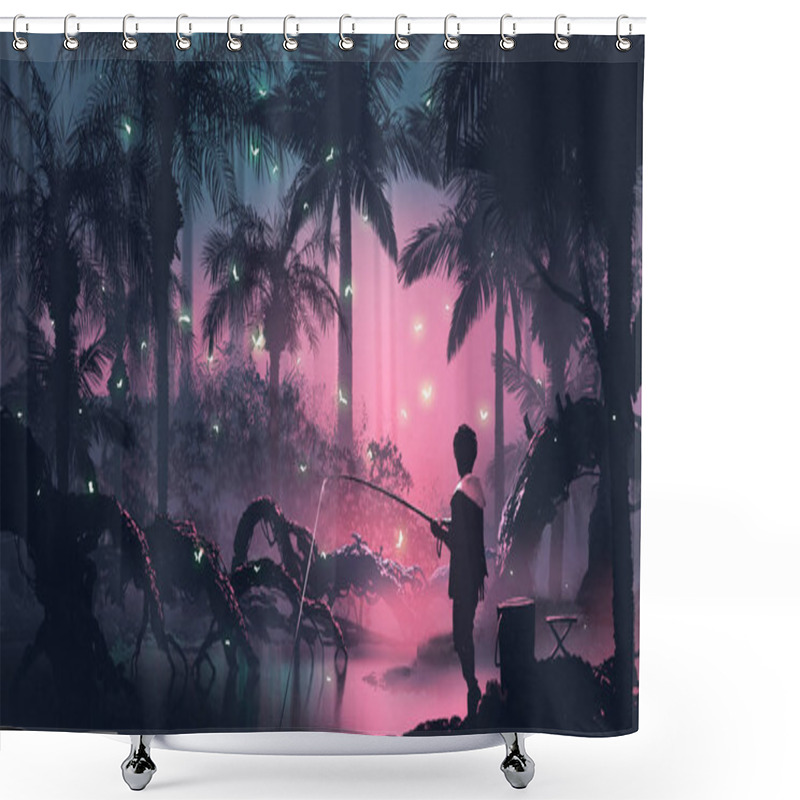 Personality  Boy Fishing On The Swamp In Tropical Forest With Glowing Butterflies, Digital Art Style, Illustration Painting Shower Curtains