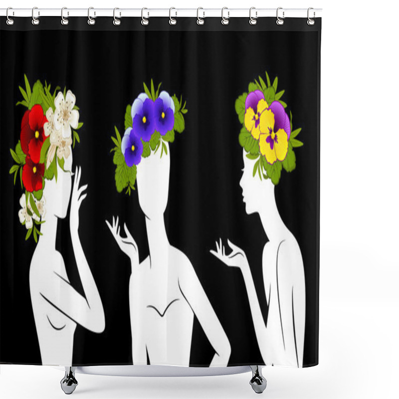 Personality  Beautiful Silhouettes Of Girls In Hats From Flowers Shower Curtains