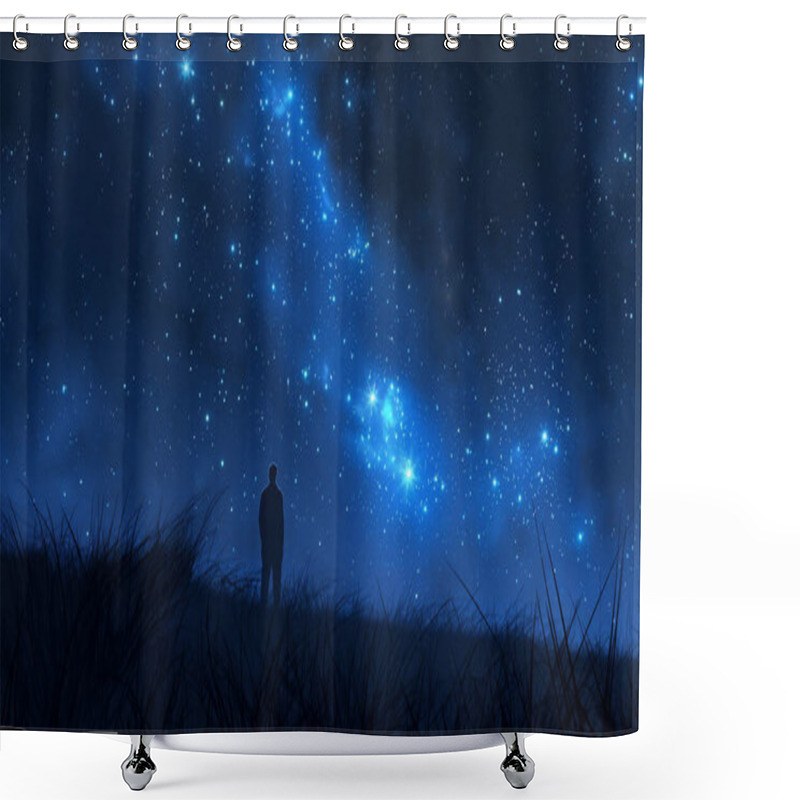 Personality  A Solitary Figure Gazing At A Night Sky Filled With Countless Sparkling Stars, Embracing The Vastness. Shower Curtains