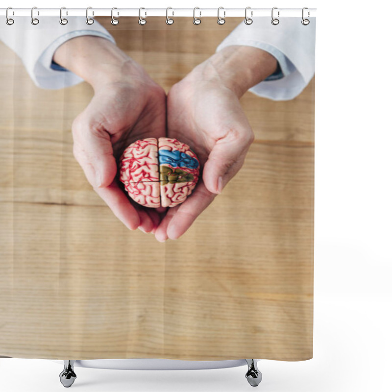 Personality  Cropped View Of Doctor Holding Model Of Brain In Clinic  Shower Curtains