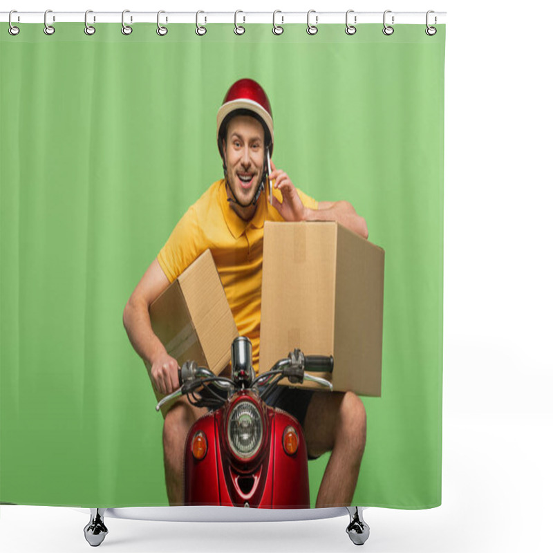 Personality  Happy Delivery Man In Yellow Uniform On Scooter With Boxes Talking On Smartphone Isolated On Green Shower Curtains