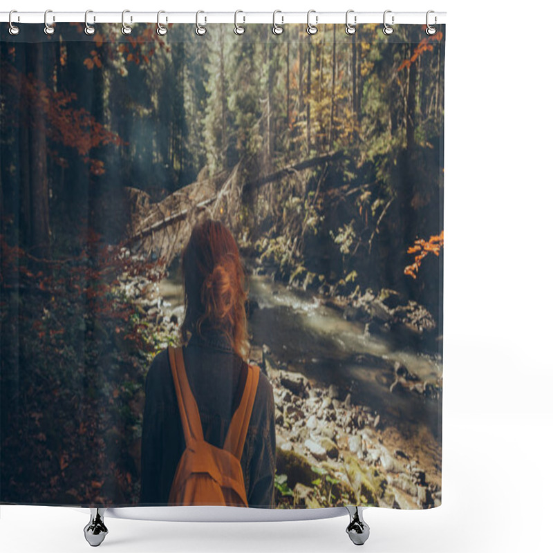 Personality  Rear View Of Female Traveler Standing In Mountain Forest, Carpathians, Ukraine Shower Curtains