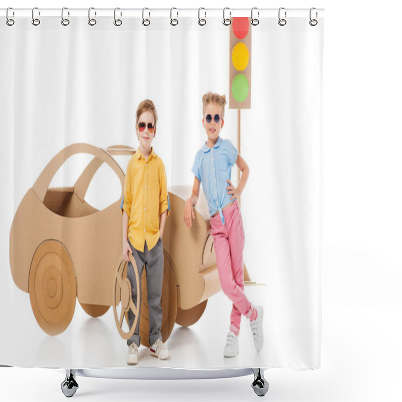 Personality  Stylish Children In Sunglasses Posing Near Cardboard Car And Traffic Lights, On White  Shower Curtains