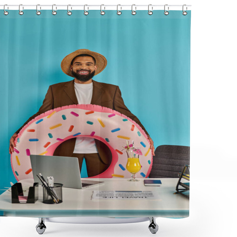 Personality  A Man Sits At A Desk With A Giant Donut In Front Of Him, Looking Intrigued And Excited. Shower Curtains