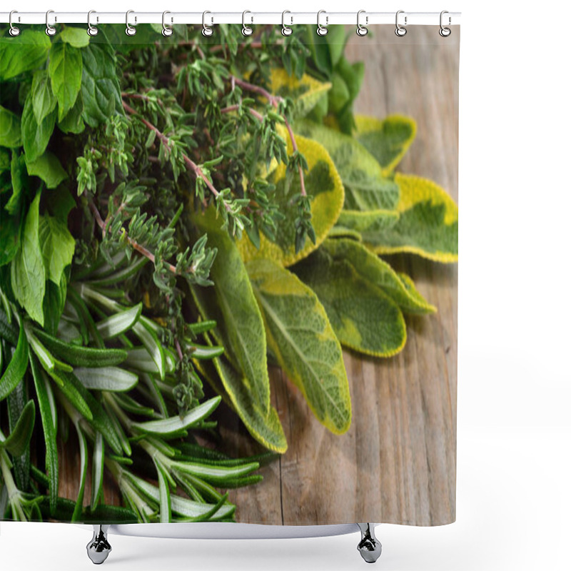 Personality  Freshly Harvested Herbs Over Wooden Background. Shower Curtains