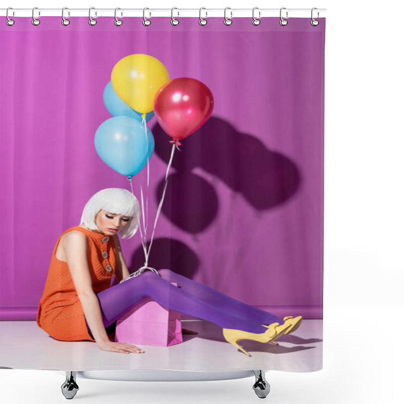 Personality  Sad Young Woman In White Wig With Air Balloons Sitting On Purple Background Shower Curtains