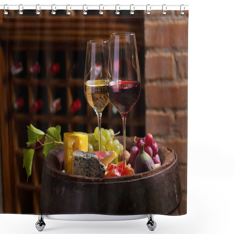 Personality  Glasses Of Red And White Wine In Wine Cellar Accompanied By  Grapes, Cheese, Prosciutto, Figs And Nuts On Wine Barrel Shower Curtains