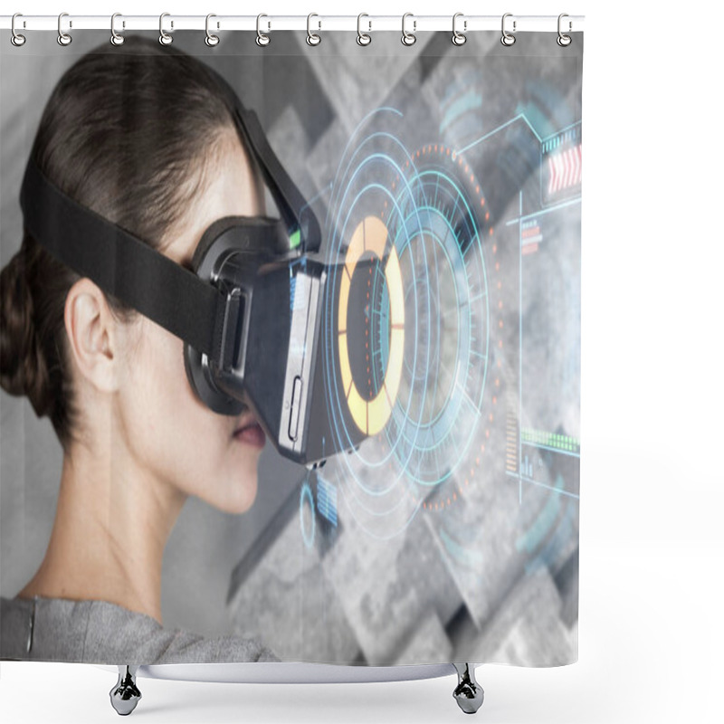 Personality  Woman Gesturing While Using Virtual Video Glasses Shower Curtains