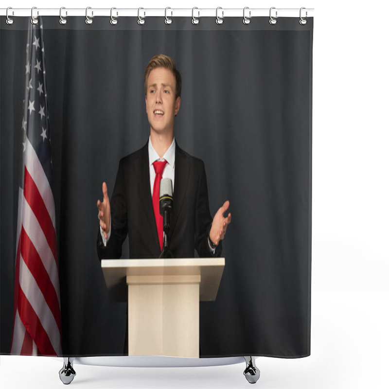 Personality  Emotional Man Speaking On Tribune With American Flag On Black Background Shower Curtains