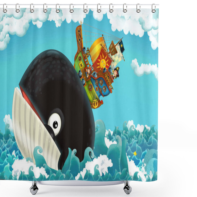 Personality  Cartoon Scene With Pirate Ship Sailing Through The Seas With Happy Pirates Meeting Swimming Whale - Illustration For Children Shower Curtains