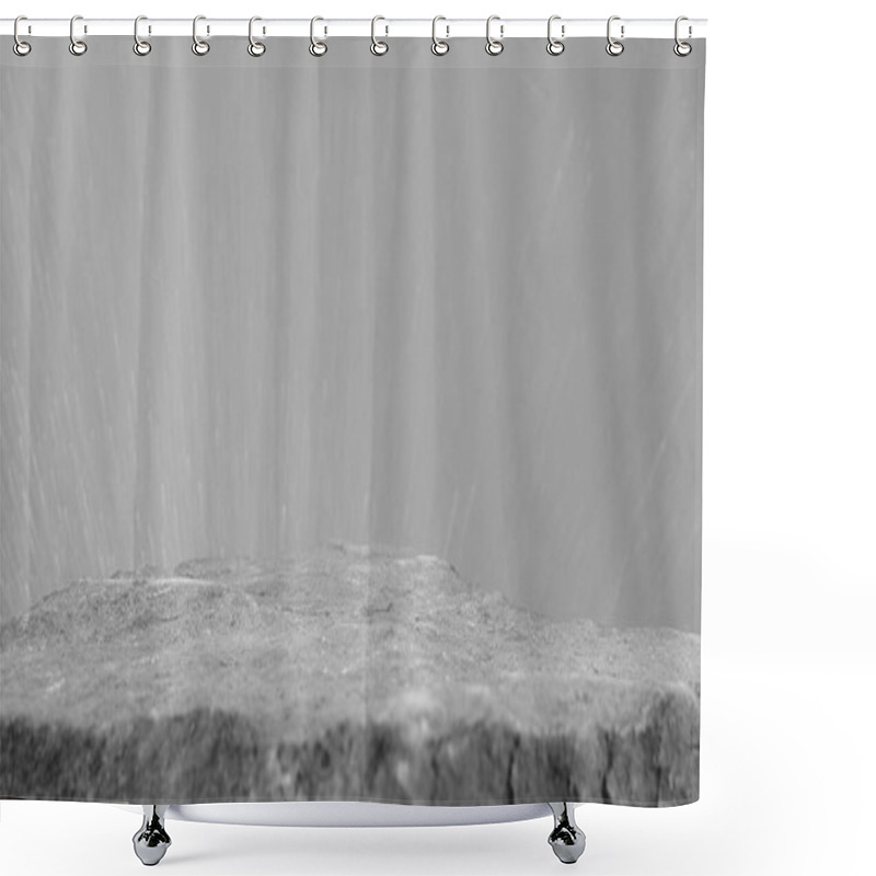 Personality  A Rock Shelf For A Product Display, Showing An Acute Angle With A Middle Shallow Depth To The Stone Surface With A Depiction Of An Explosion. Shower Curtains