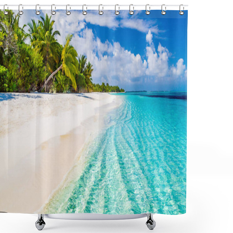 Personality  Beautiful Beach With Palm Trees And Moody Sky. Summer Vacation Travel Holiday Background Concept. Maldives Paradise Beach. Luxury Travel Summer Holiday Background Concept. Shower Curtains