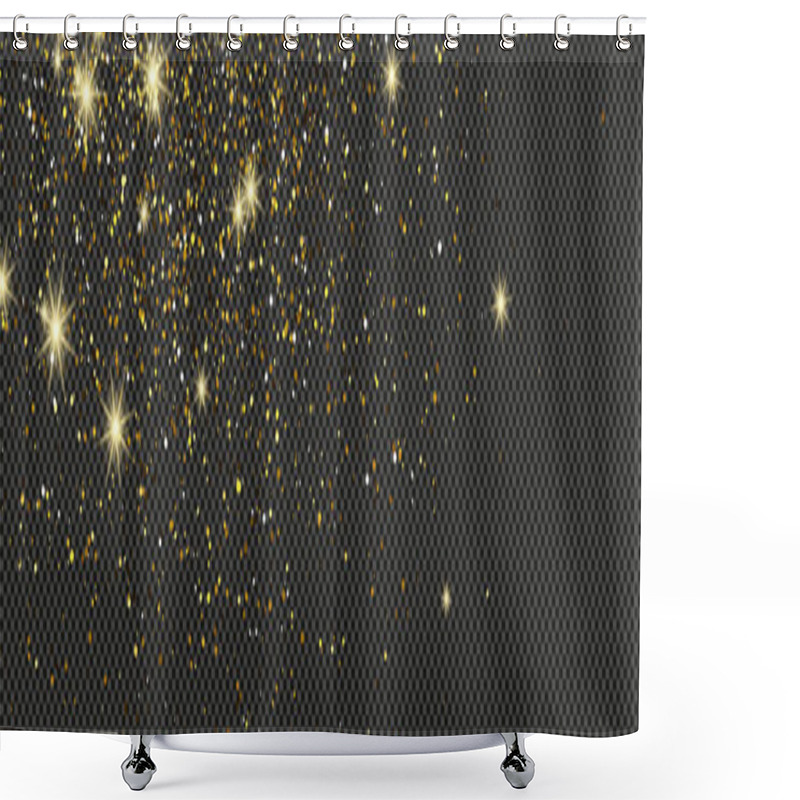 Personality  Gold Glittering Dust With Stars On A Gray Transparent Background. Dust With Gold Glitter Effect And Empty Space For Your Text.  Vector Illustration Shower Curtains