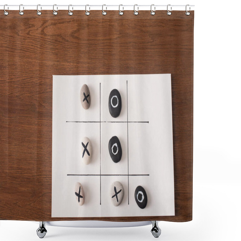 Personality  Top View Of Tic Tac Toe Game On White Paper With Stones Marked With Naughts And Crosses On Wooden Surface Shower Curtains