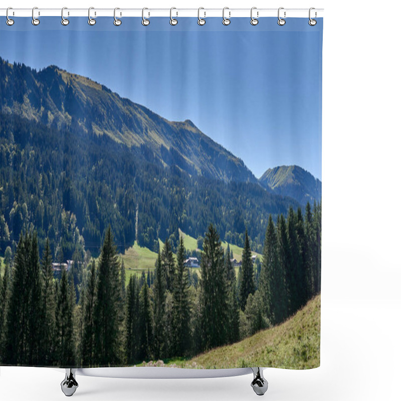 Personality  Experience The Serene Beauty Of An Alpine Landscape Featuring Azure Skies, Lush Evergreen Forests, And Serene Pastures. This Vibrant Summer Mountain Scene Captures The Harmony Of Nature With Pine Shower Curtains