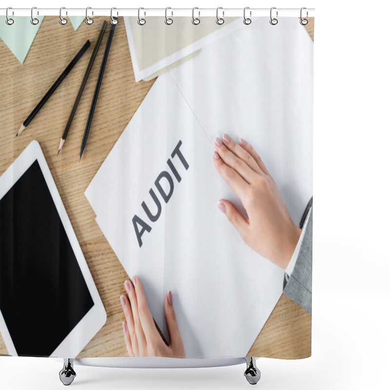 Personality  Top View Of Businesswoman Near Document With Audit Lettering And Digital Tablet With Blank Screen  Shower Curtains