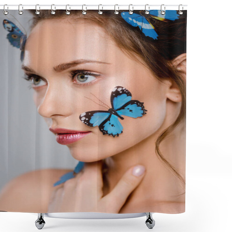 Personality  Selective Focus Of Young Woman With Blue Decorative Butterflies On Face Isolated On Grey  Shower Curtains