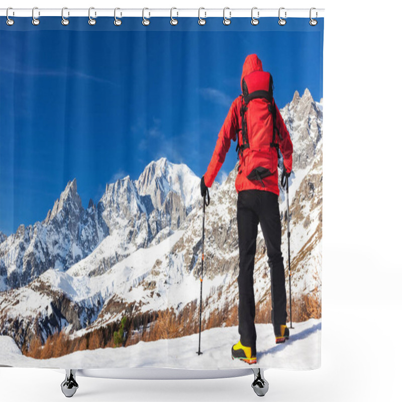 Personality  Hiker Takes A Rest Looking At Mont Blanc Shower Curtains