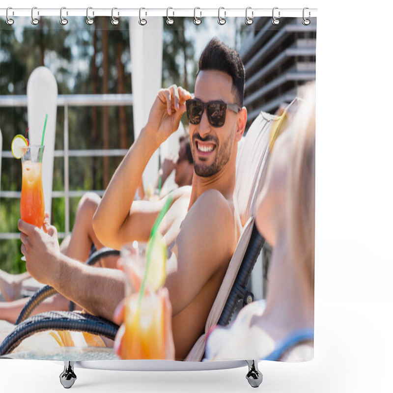 Personality  Cheerful Arabian Man In Sunglasses Holding Cocktail Near Blurred Friend On Deck Chair  Shower Curtains