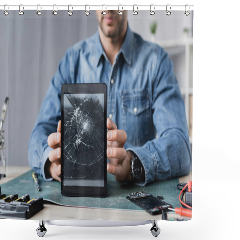 Personality  Cropped View Of Repairman Showing Smashed Digital Tablet, While Sitting At Workplace  Shower Curtains