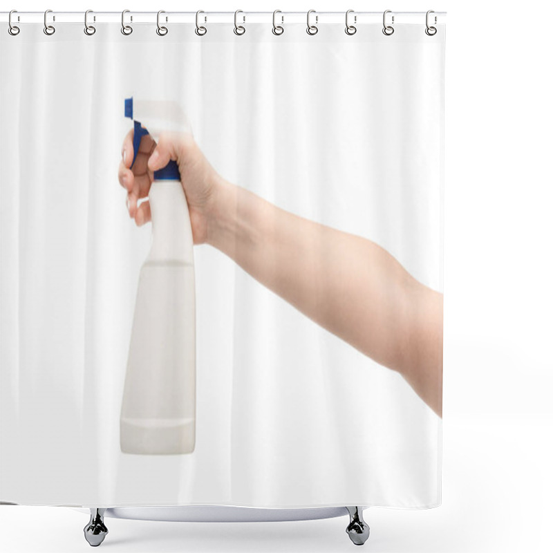 Personality  Cropped View Of Woman Holding Spray Isolated On White  Shower Curtains