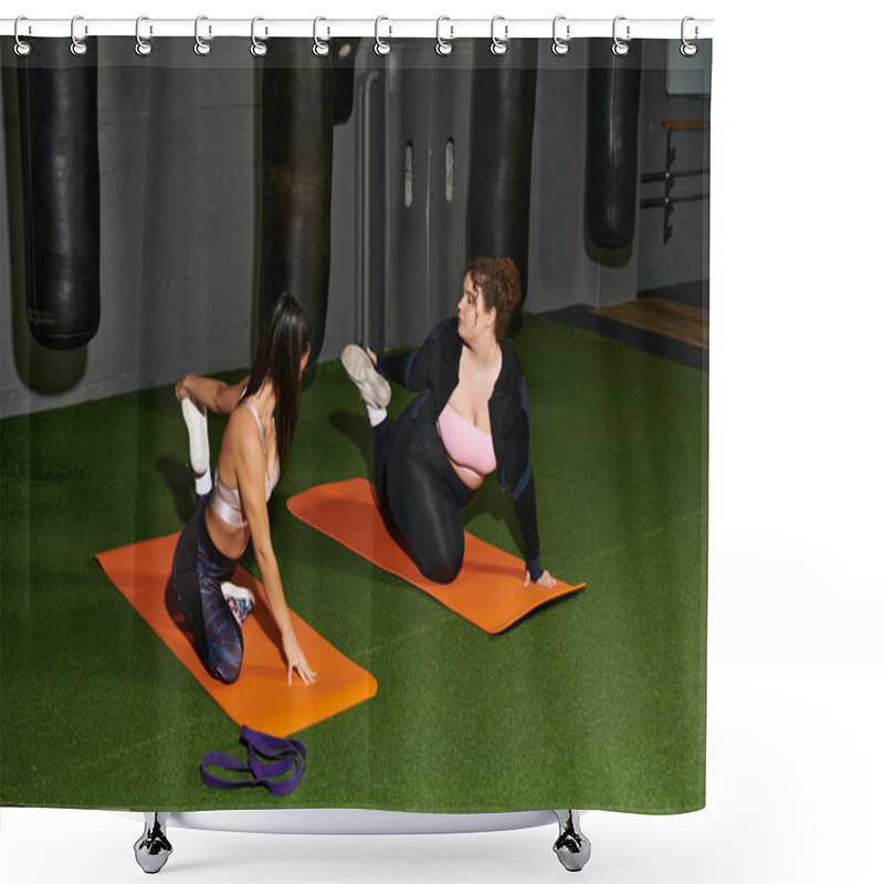 Personality  Two Women Are Dedicatedly Practicing Stretch Exercises On Yoga Mats In A Gym Setting. Shower Curtains