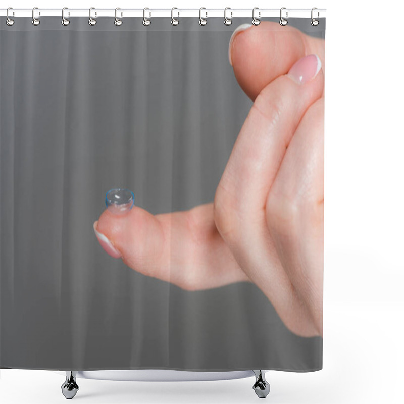 Personality  Cropped View Of Woman Holding Contact Lens Isolated On Grey  Shower Curtains