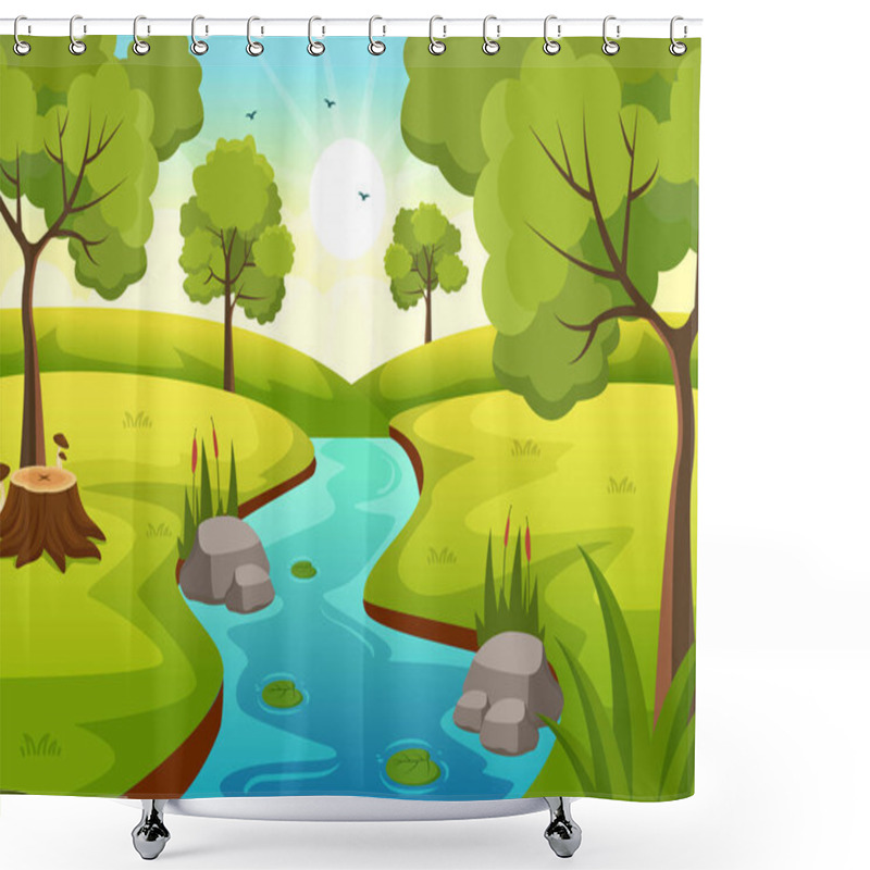 Personality  River Landscape Illustration With View Mountains, Green Fields, Trees And Forest Surrounding The Rivers In Flat Cartoon Hand Drawn Templates Shower Curtains