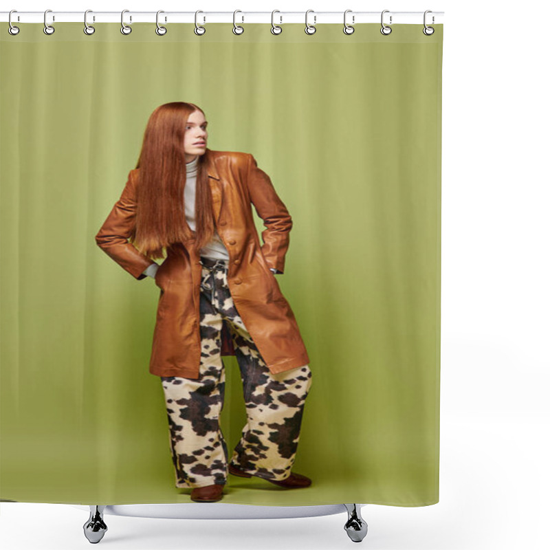 Personality  Confident Young Man With Long Red Hair Shows Off His Style Against A Vibrant Backdrop. Shower Curtains