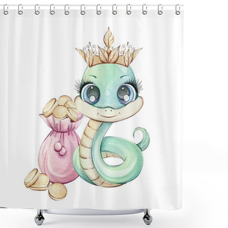 Personality  A Charming Cartoon Snake Adorned With A Crown And Holding A Treasure Bag, Ideal For Whimsical Design Projects Shower Curtains