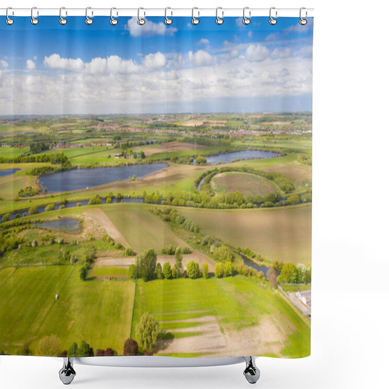 Personality  Aerial Country Side Photo Of A Beautiful Spring Time Scenic View With Blue Sky And Fluffy White Clouds Located In The Village Of Castleford In Wakefield West Yorkshire In The UK Shower Curtains