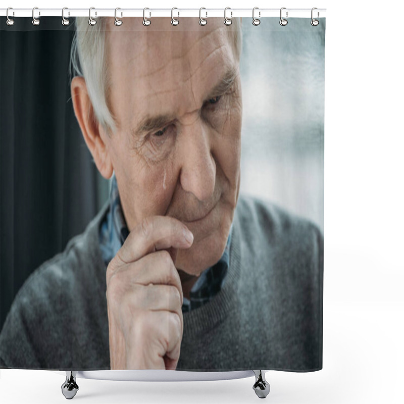 Personality  Senior Man With Sad Expression Cries  Shower Curtains