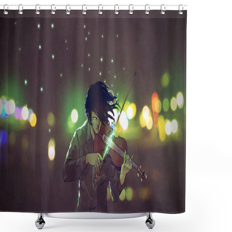 Personality  Man Playing Magic Violin In A Night City Outdoor, Digital Art Style, Illustration Painting Shower Curtains