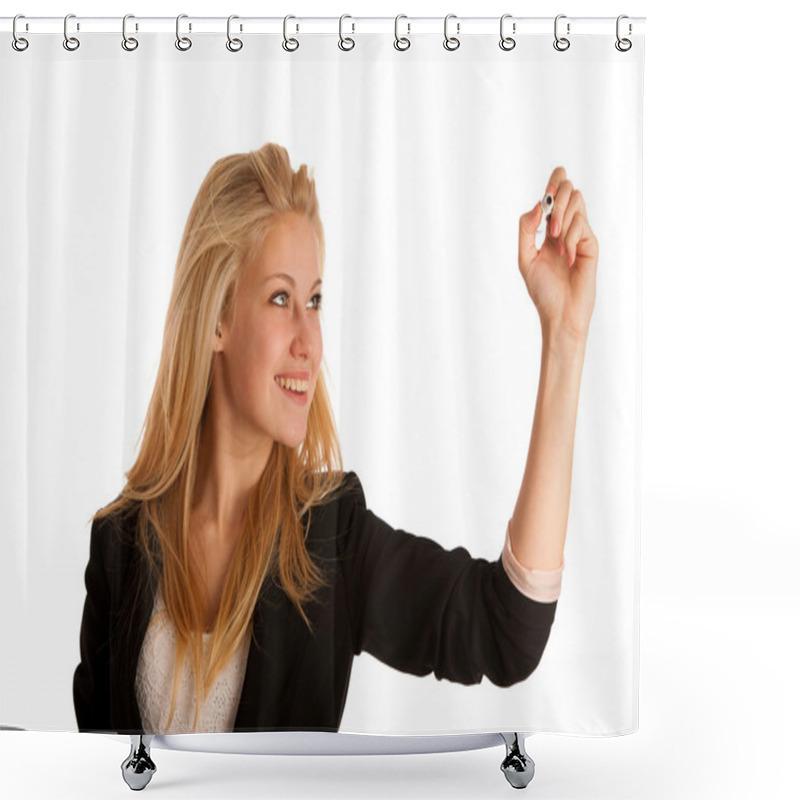 Personality  Young Blonde Business Woman With Blue Eyes, Writes On A Glass Ta Shower Curtains