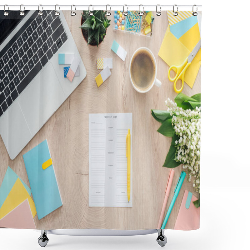 Personality  Top View Of Weekly List, Stationery, Cup Of Coffee And Laptop On Wooden Table Shower Curtains