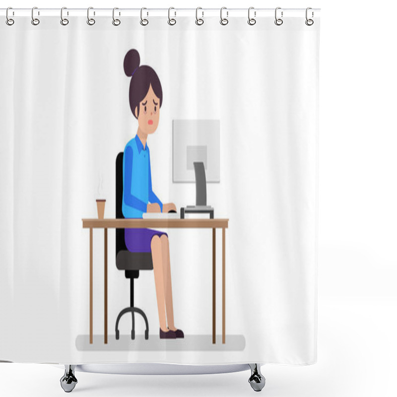 Personality  Business Woman Feeling Tired Working.Young Woman Suffering Stress Working.Cartoon Business Woman Working On Laptop At Her Office Desk.Vector Illustration Shower Curtains