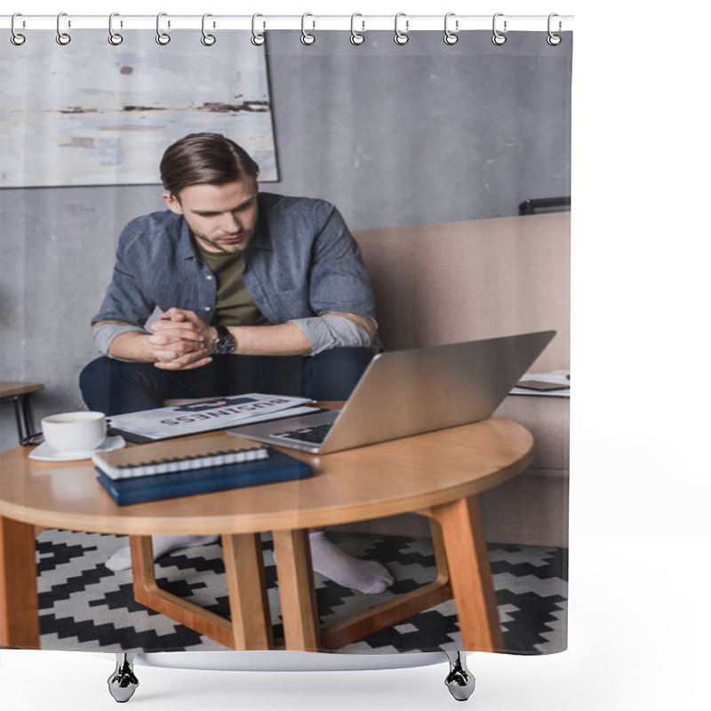 Personality  Young Businessman Looking At Laptop While Sitting On Couch Shower Curtains