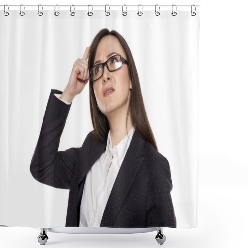 Personality  Confused Businesswoman With Questioning Gesture Posing On A White Background Shower Curtains