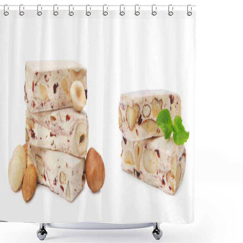 Personality  Delicious Nougat, Mint And Nuts On White Background Shower Curtains