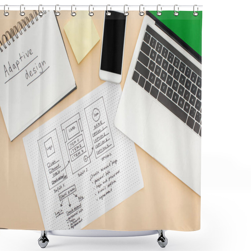 Personality  Top View Of Gadgets Near Website Design Template And Notebook With Adaptive Design Lettering On Beige Background Shower Curtains