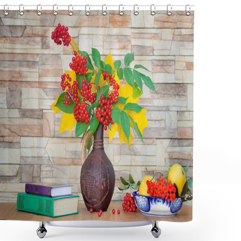 Personality  Autumn Still Life: Berries And Autumn Leaves In A Ceramic Vase. Shower Curtains