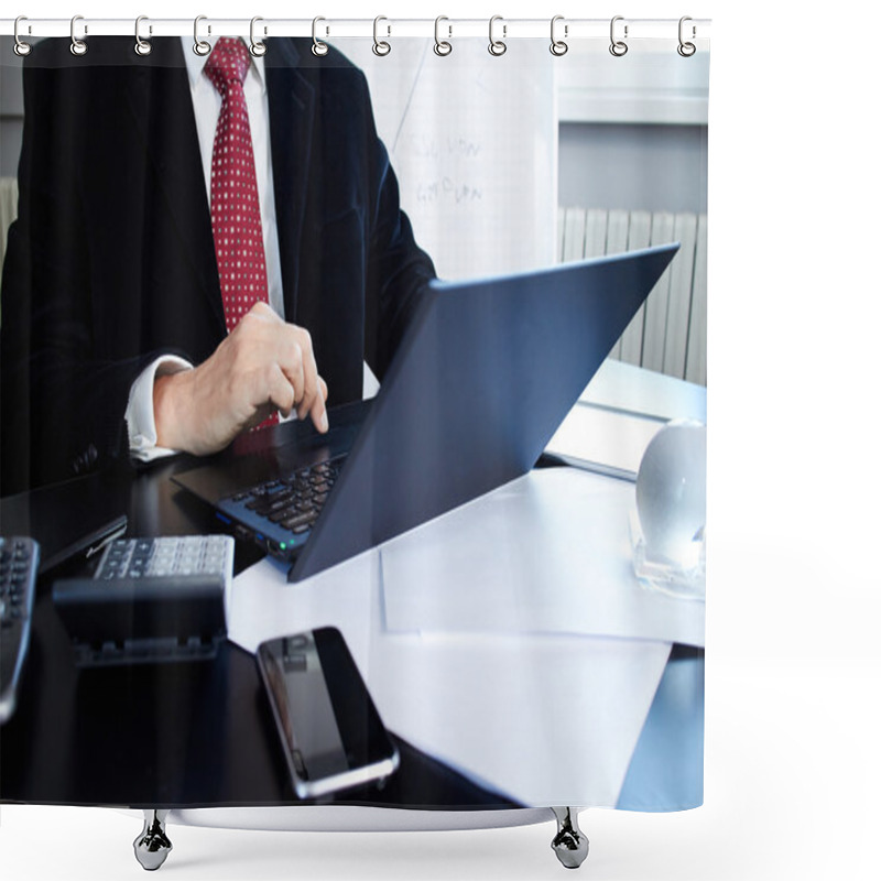 Personality  Businessman With Laptop In Office Shower Curtains