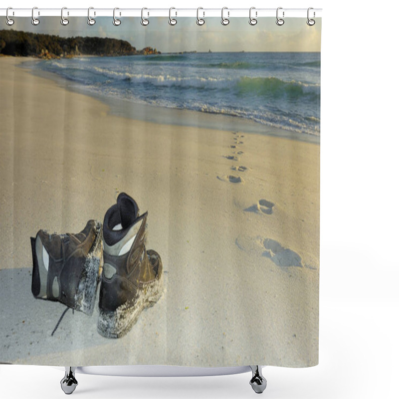 Personality  A Pair Of Boots On A Sandy Beach In The Early Light Of Dawn Footprints Lead Into The Sea But Do Not Come Out Again. Space For Copy On The Sand. Shower Curtains