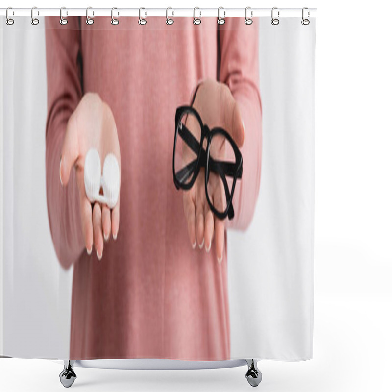 Personality  Cropped View Of Young Woman Holding Box With Contacts And Eyeglasses Isolated On Grey, Banner  Shower Curtains